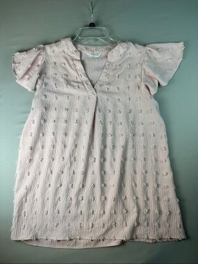 Women’s Light Pink Blouse Shirt Top Textured Swiss Dot Tunic V-neck Short Sleeve